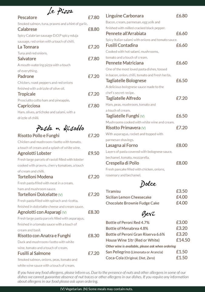 Menu at Salvatore's Penwortham restaurant, Preston