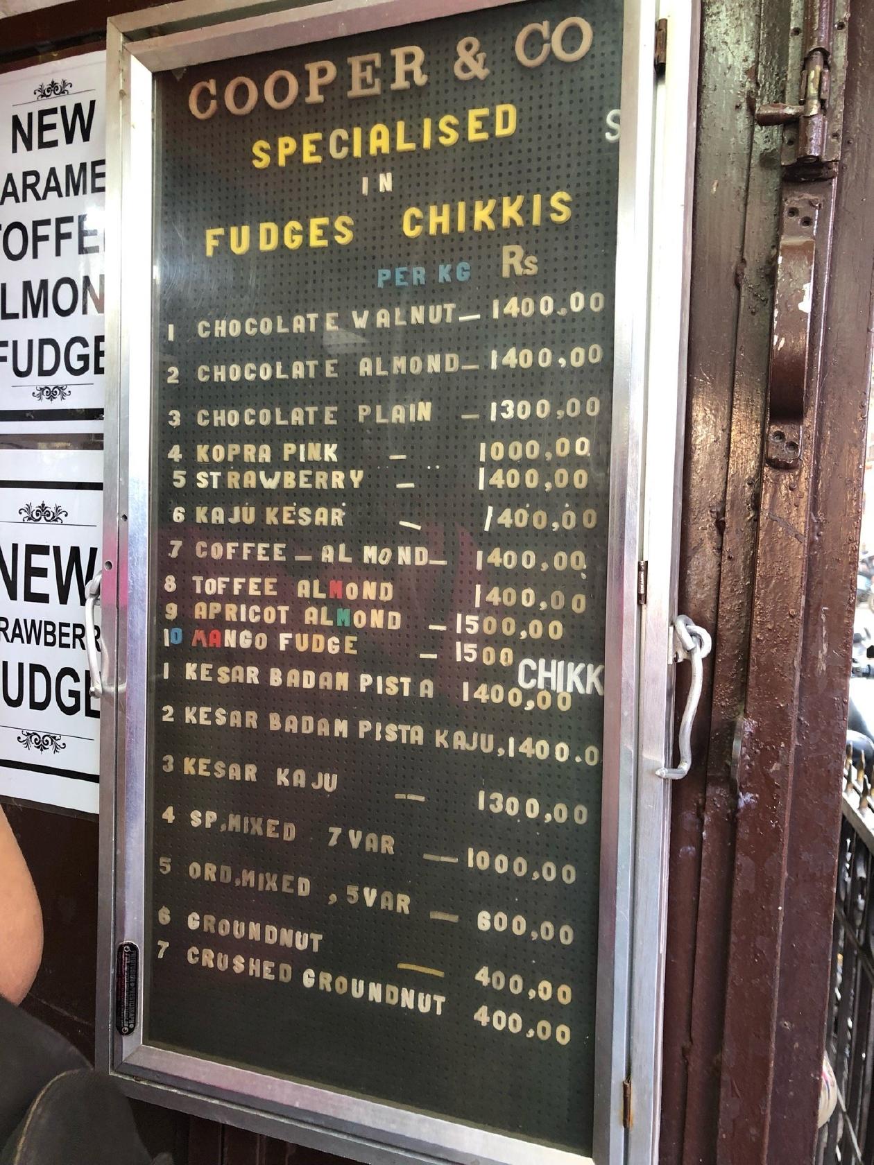 Menu at Cooper's Fudge And Chikkis, Lonavala