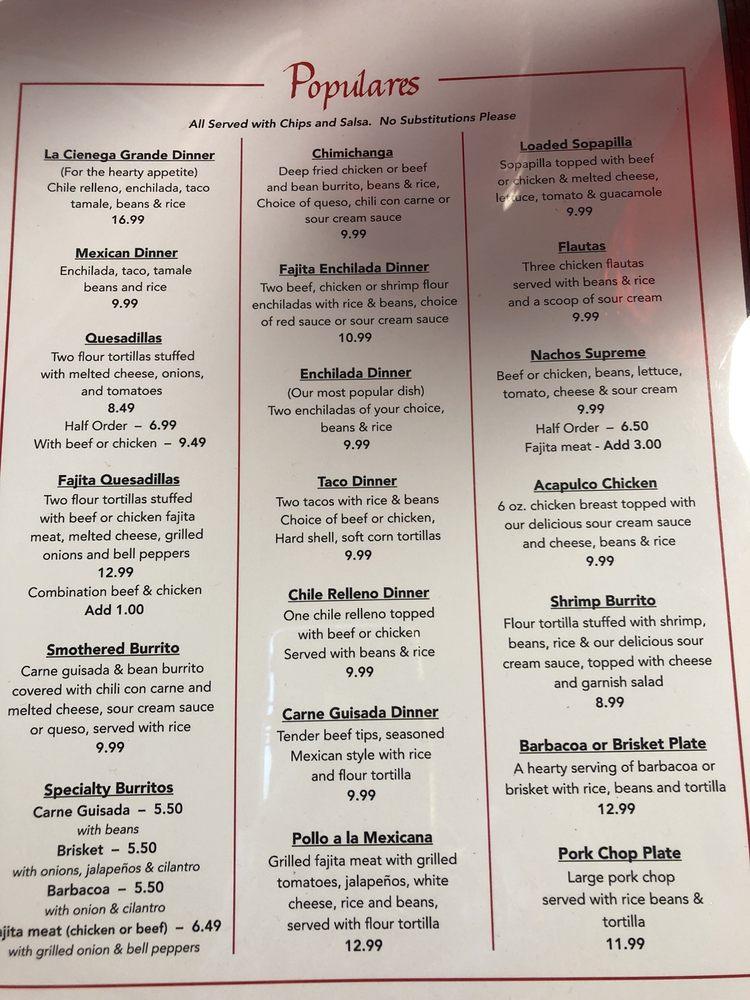 Menu at La Cienega Mexican Food restaurant, Mineral Wells, 708 W Hubbard St