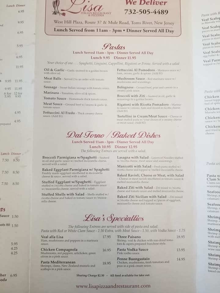 Menu at Lisa's Cucina Italian Restaurant, Toms River