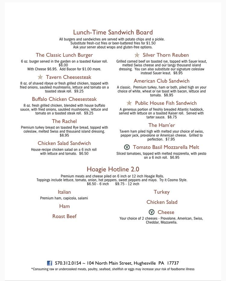 Menu at Silver Thorn Tavern pub & bar, Hughesville