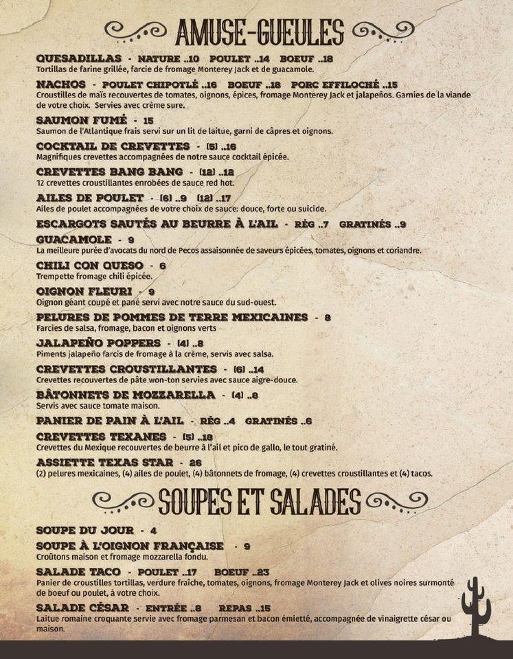 Menu au Restaurant Texas Star, Saint-Eustache, 477 25e Av