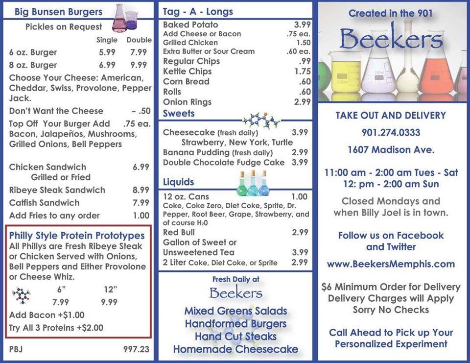 Menu at Beekers pizzeria, Memphis