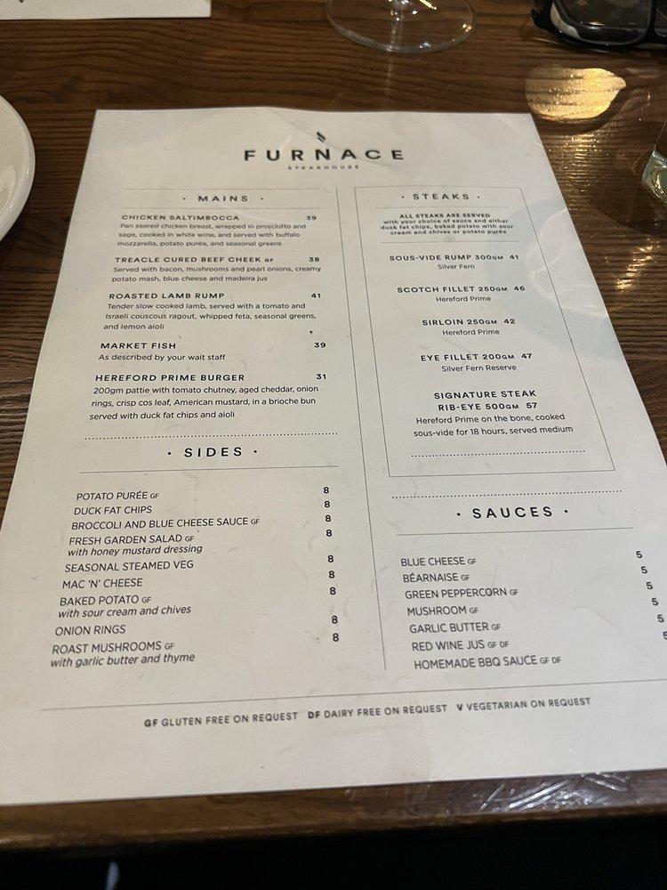 Menu at Furnace Steakhouse, Hamilton