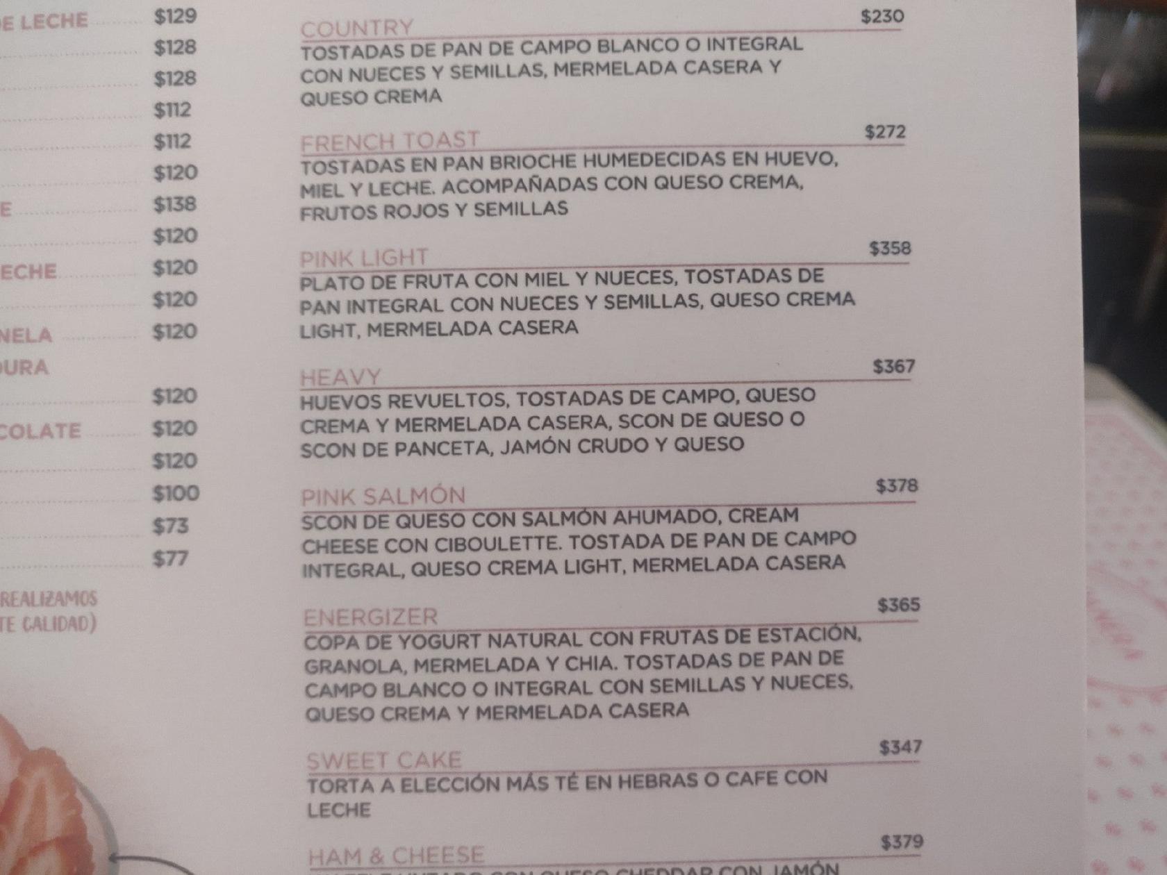 Menu at La Panera Rosa restaurant, Buenos Aires, Costa Rica 4582