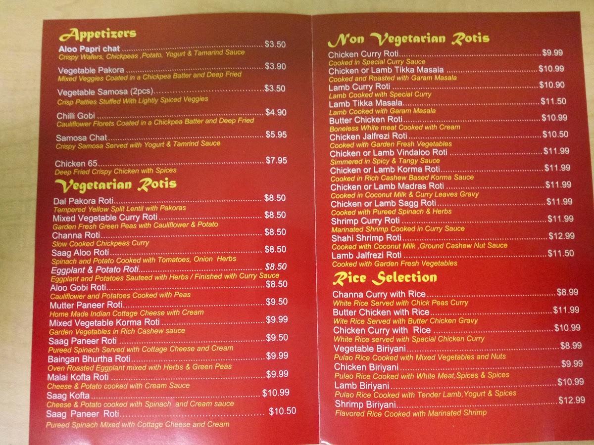 Menu au Roti Palace Of India restaurant, Toronto, Bloor St W
