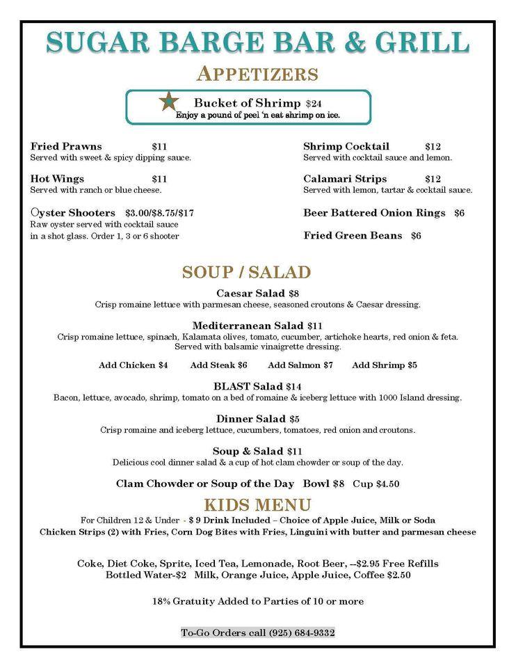 Menu at Sugar Barge RV Resort & Marina, Bethel Island