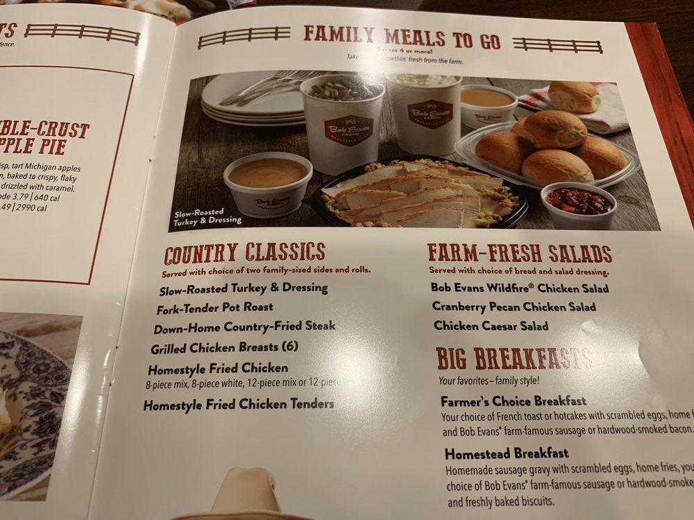 Menu at Bob Evans restaurant, Van Wert