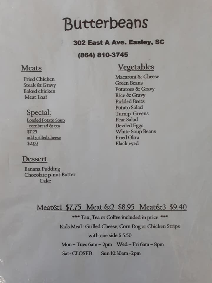 Menu at Butterbeans Restaurant, Easley