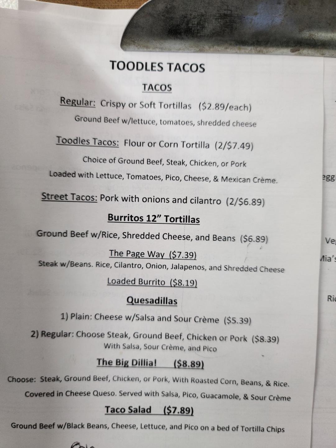 Menu at TOODLES TACOS restaurant, Maysville