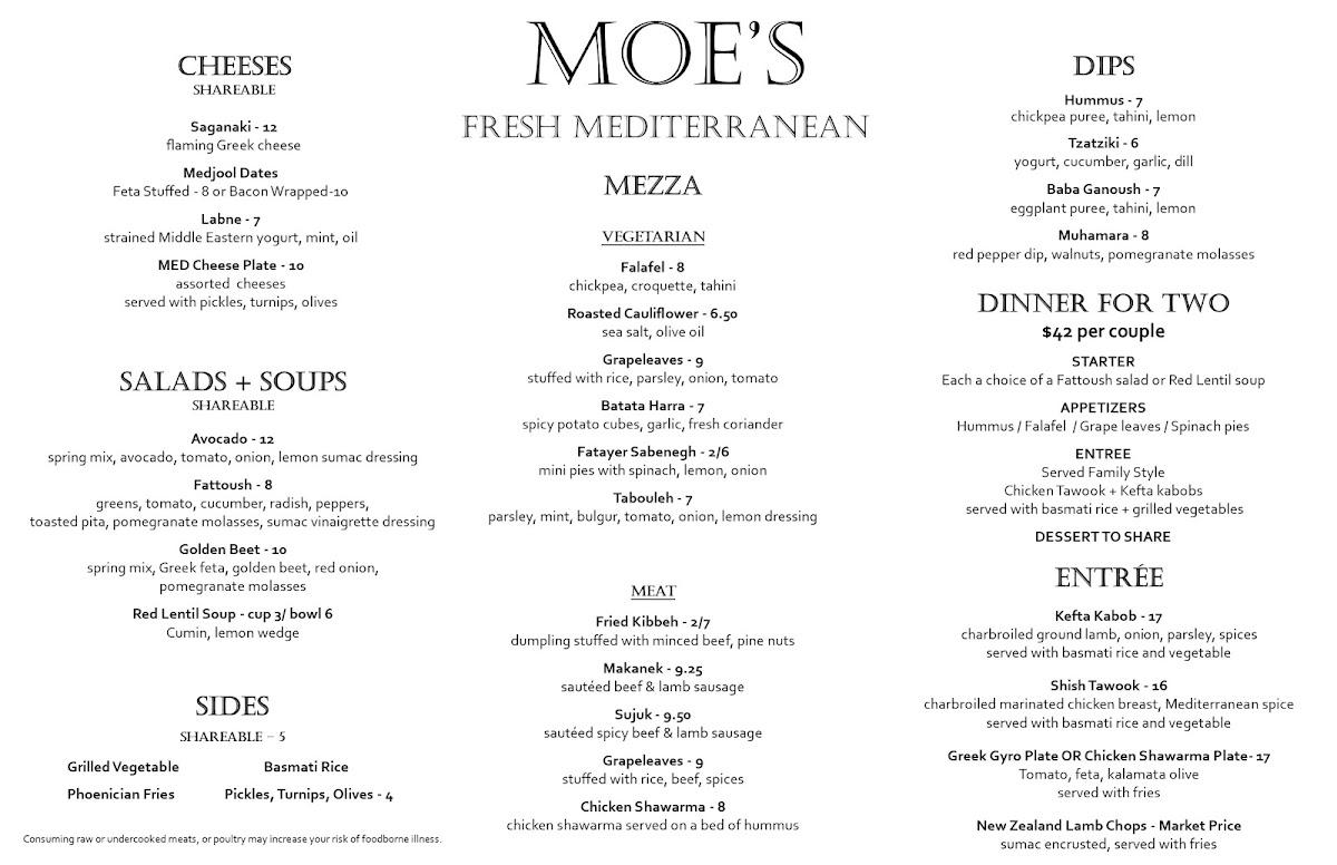 Menu at Moe’s Fresh Mediterranean restaurant, Chesterton