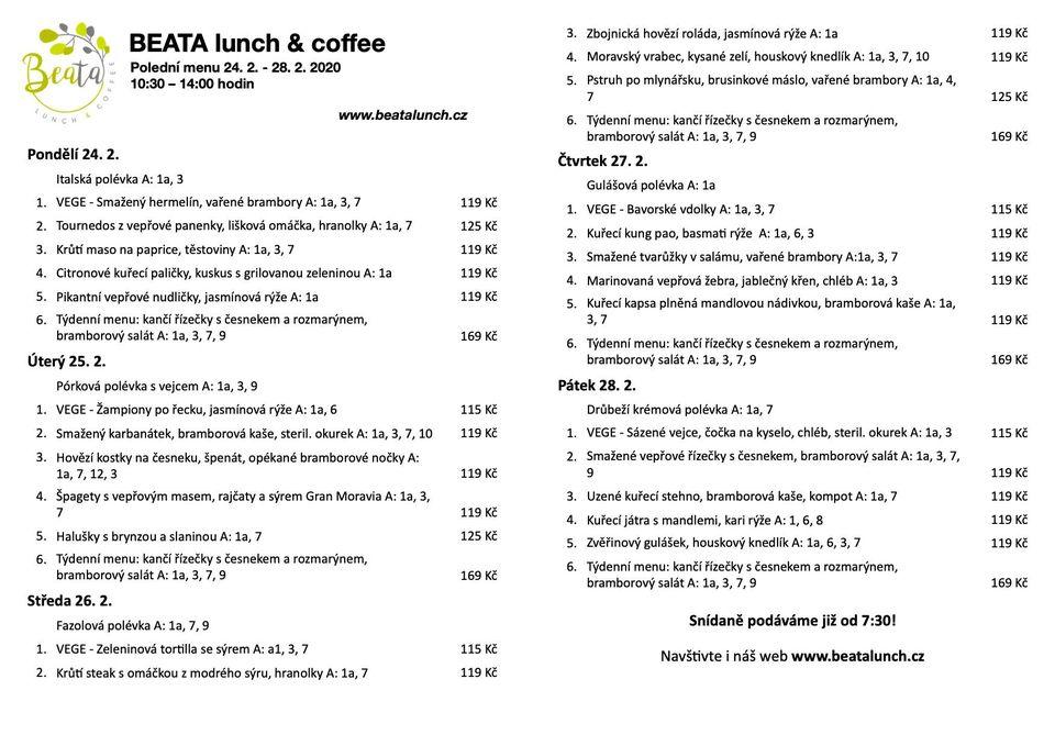 Menu at BEATA lunch & coffee restaurant, Olomouc, tř. Kosmonautů 1228/1
