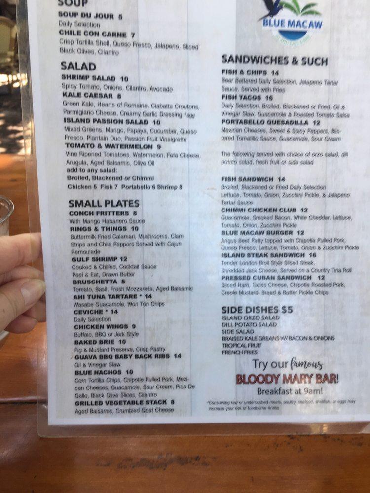 Menu at Blue Macaw restaurant, Key West