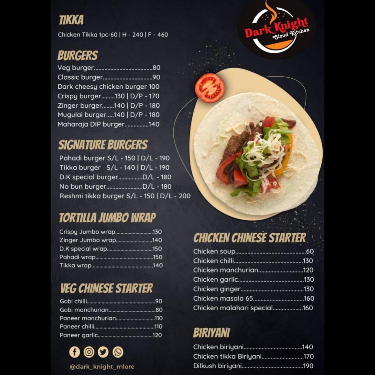 Menu at Dark Knight (cloud kitchen), Mangaluru