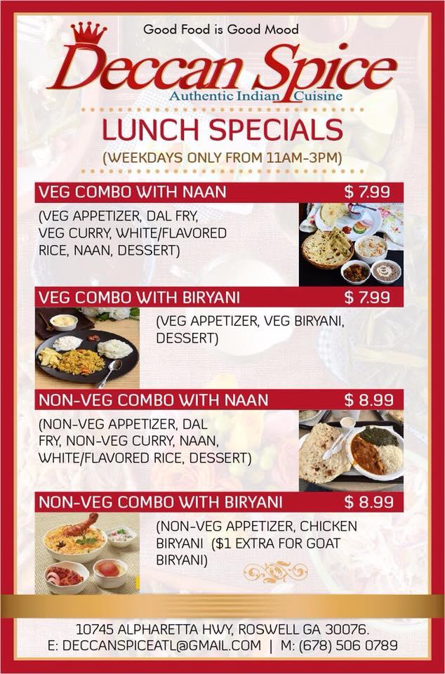 Menu at Deccan Spice Authentic Indian Cuisine restaurant, Roswell