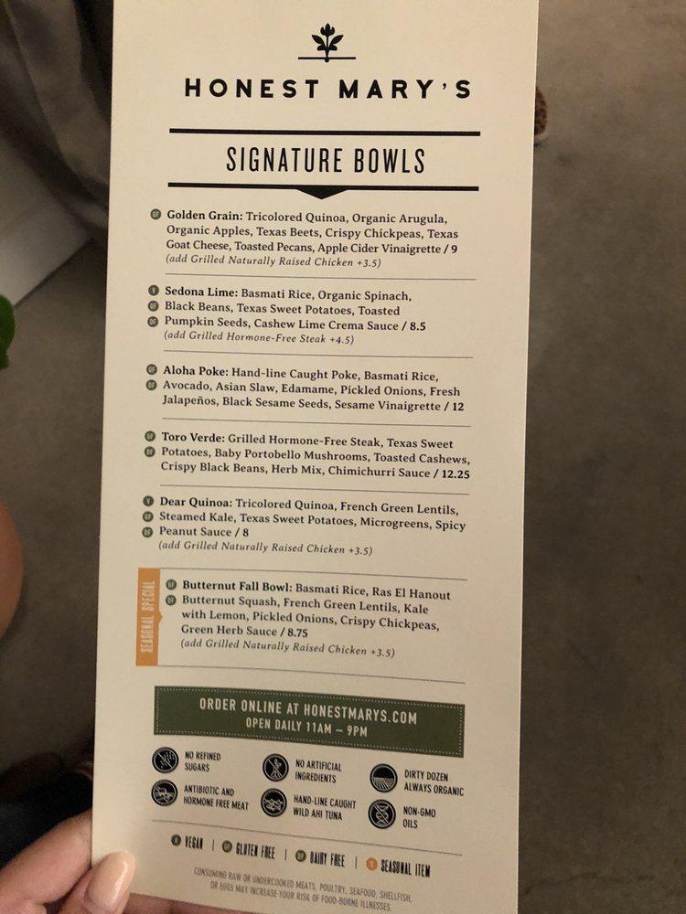 Menu at Honest Mary's restaurant, Austin, Rd C300