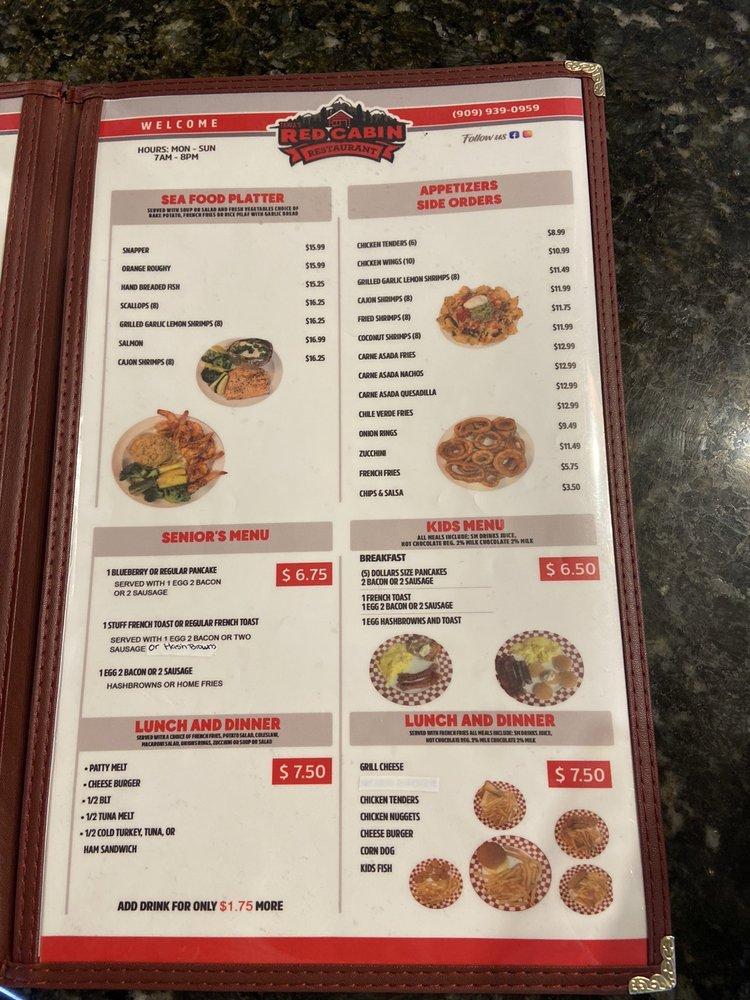 Menu at Tapia's Red Cabin restaurant, Running Springs