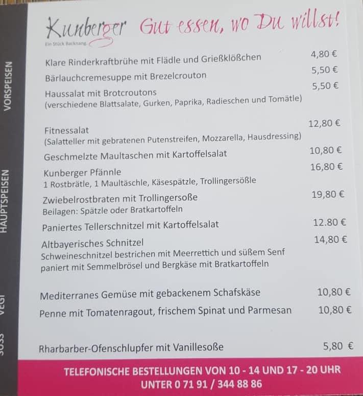 Speisekarte von Kunberger restaurant, Backnang