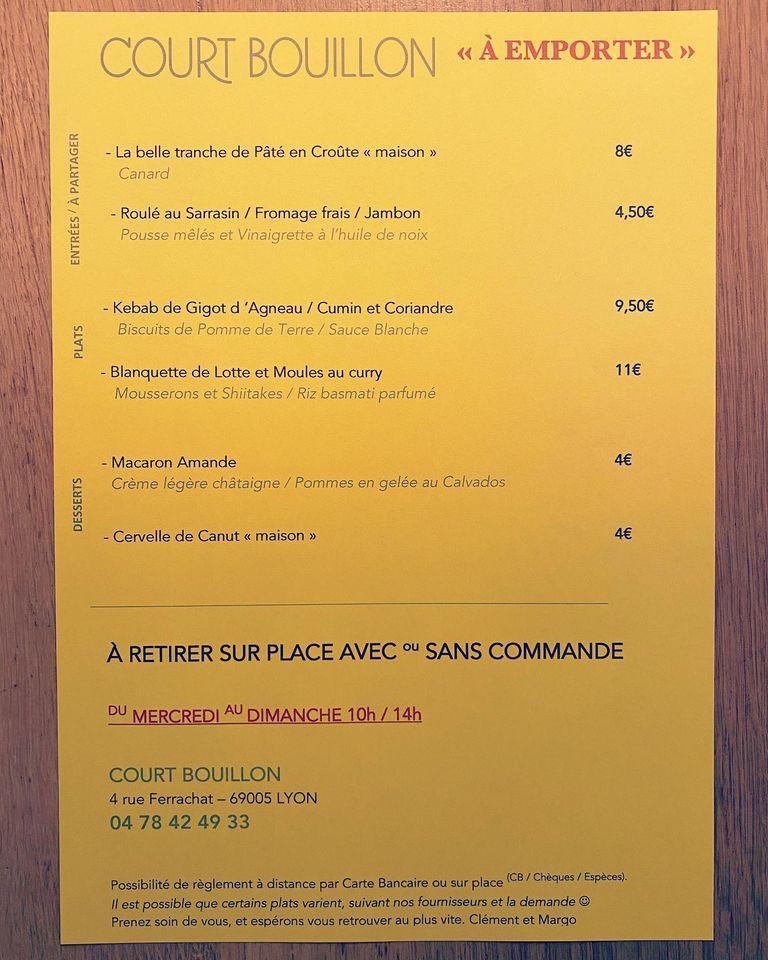 Menu at COURT BOUILLON restaurant, Lyon