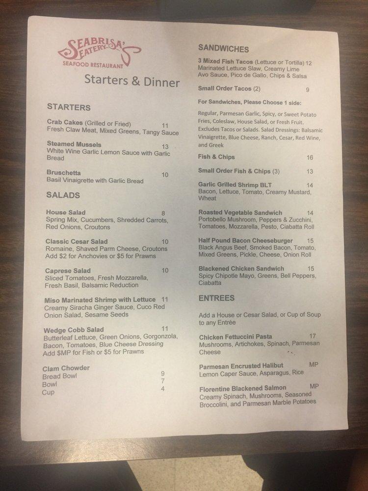 Menu at Seabrisa's Eatery restaurant, Hollister, 155 Skylane Dr