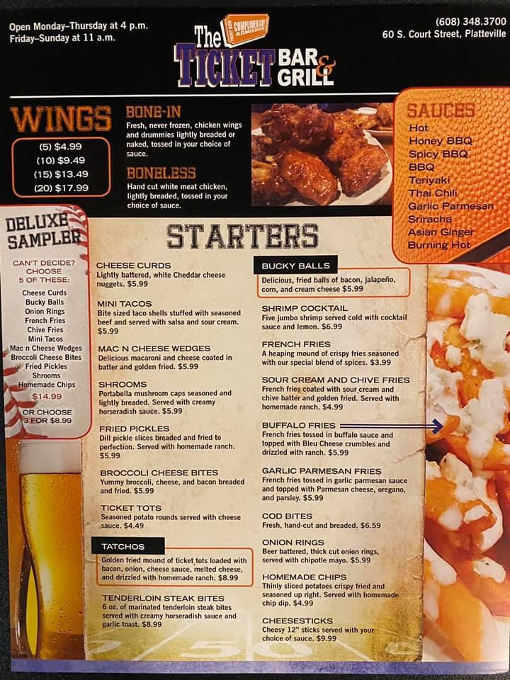 Menu at Ticket Bar & Grill, Platteville
