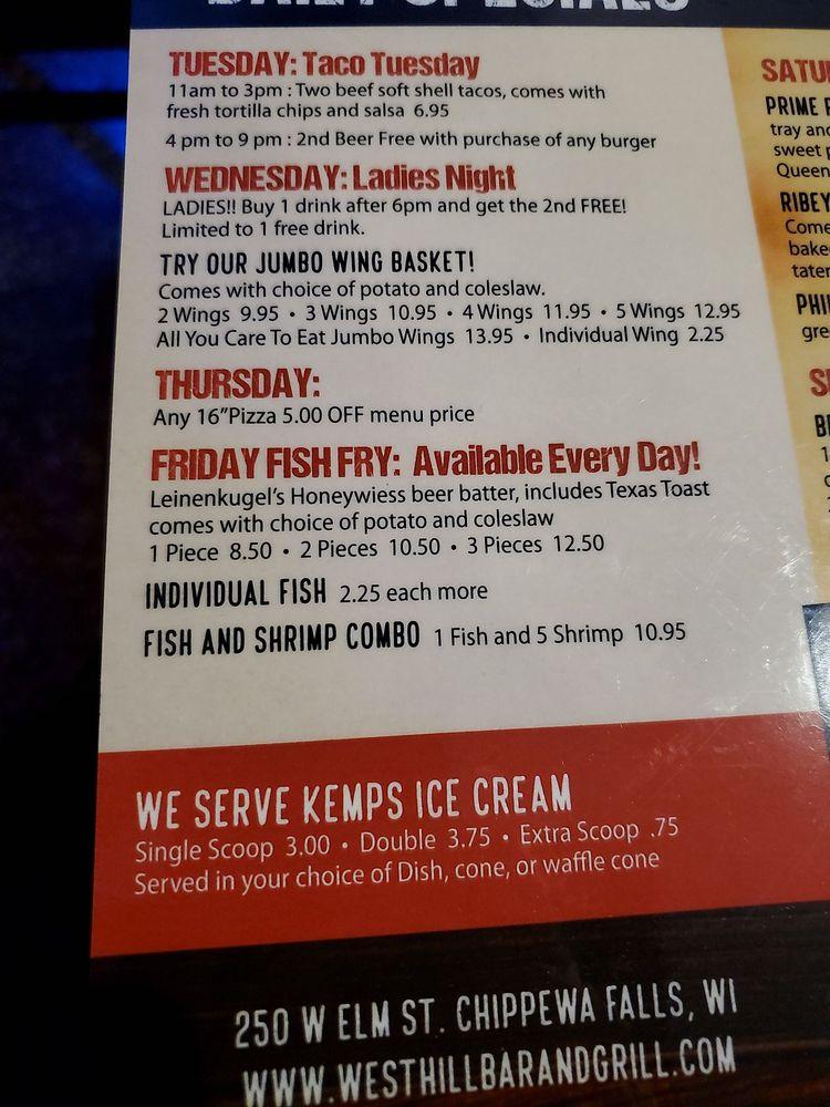 Menu at West Hill Bar & Grill, Chippewa Falls