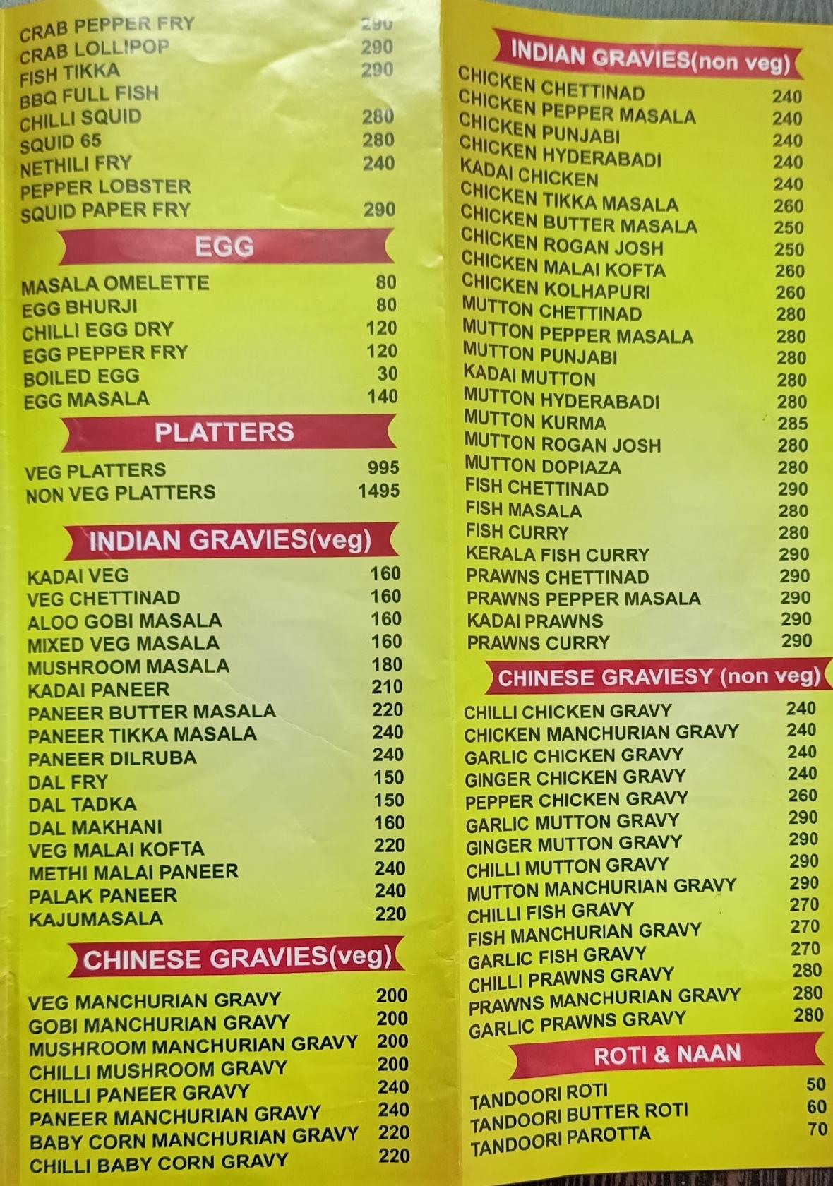 Menu At Arabian Garden Seafood Restaurant Mahabalipuram