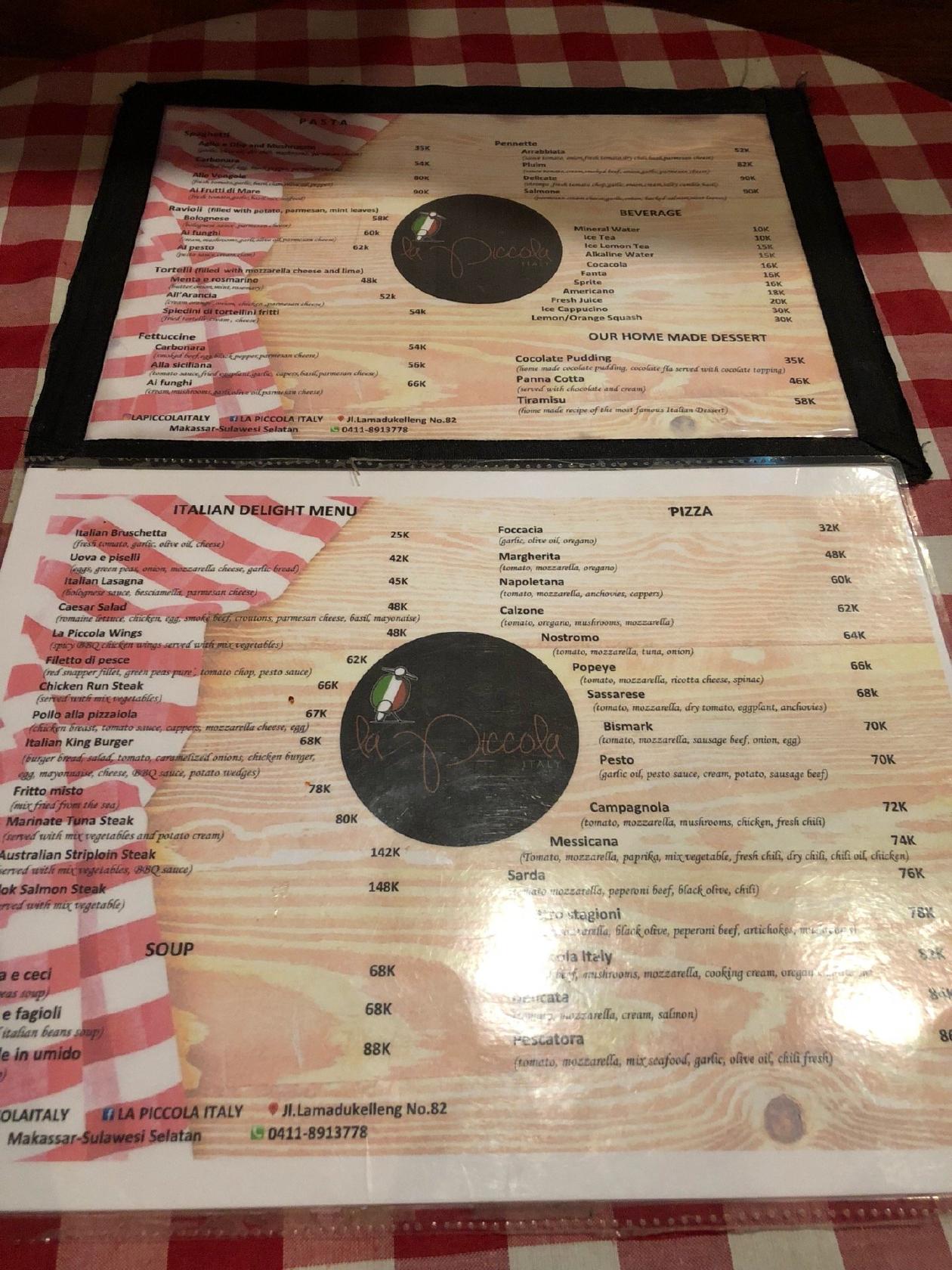 Menu at La Piccola Italy restaurant, Makassar