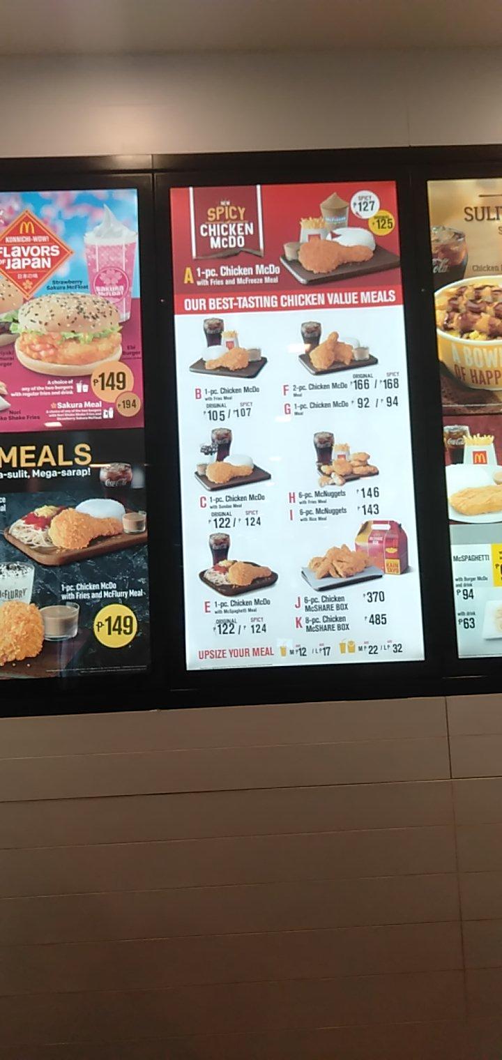 Menu at McDonald's restaurant, Virac