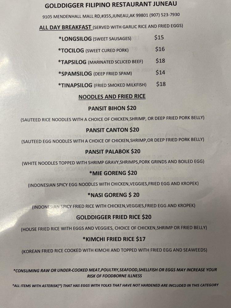 Menu at Gold Digger Filipino Restaurant, Juneau