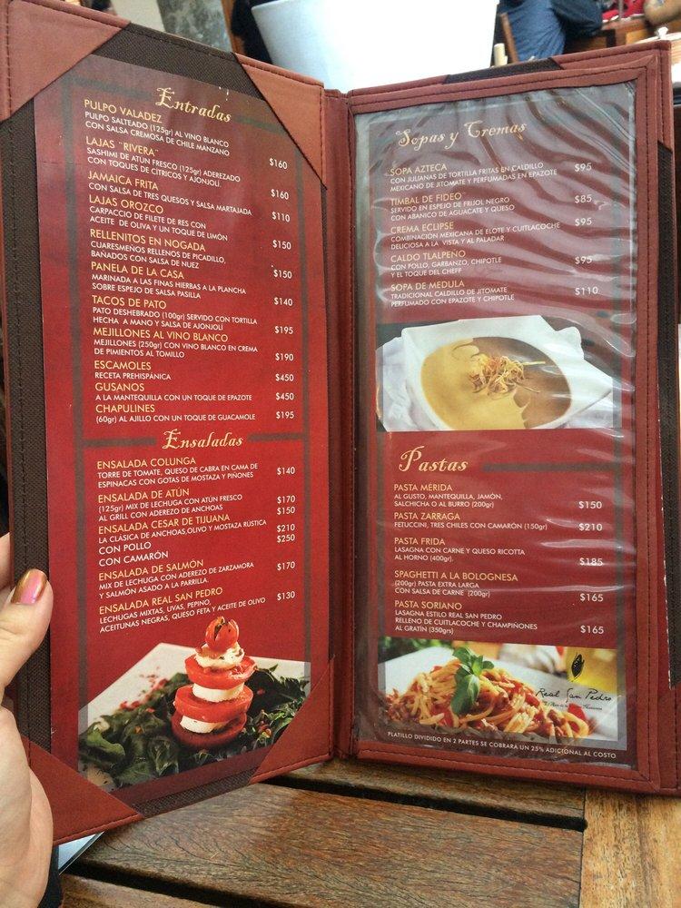 Menu at Real San Pedro restaurant, Tlaquepaque, Calle Independencia 163