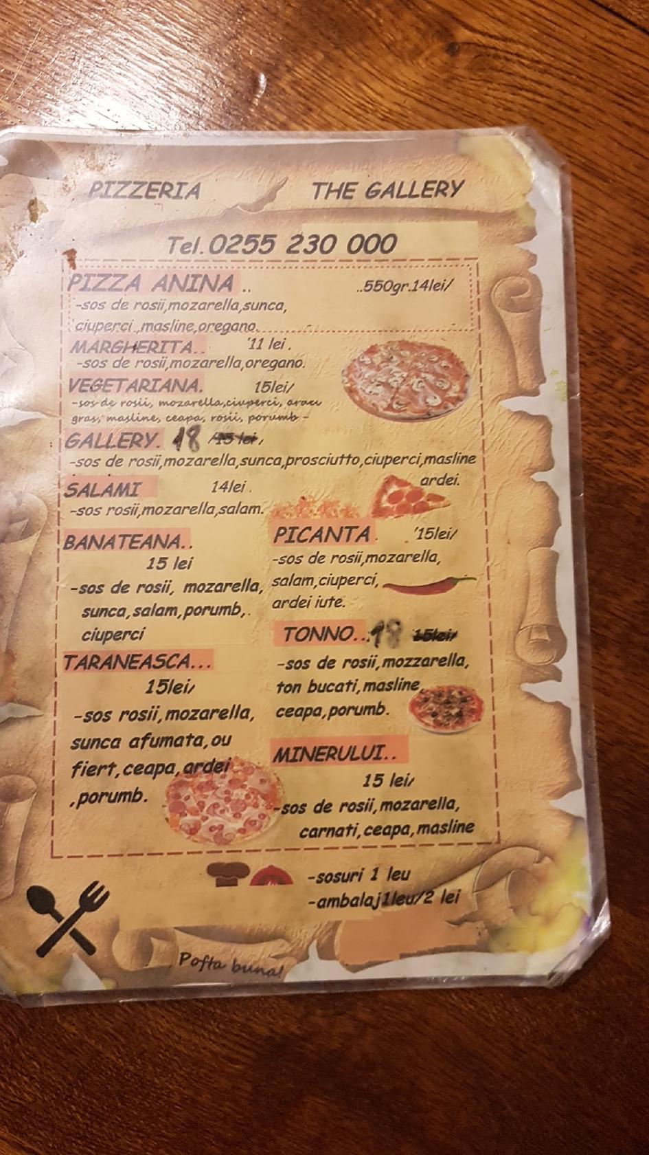 Menu at The Gallery Pizza Restaurant, Anina