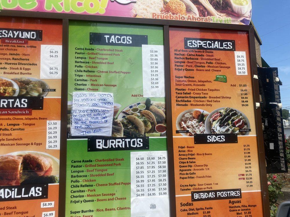 Menu at El Taco Veloz restaurant, Chamblee, Chamblee Dunwoody Rd