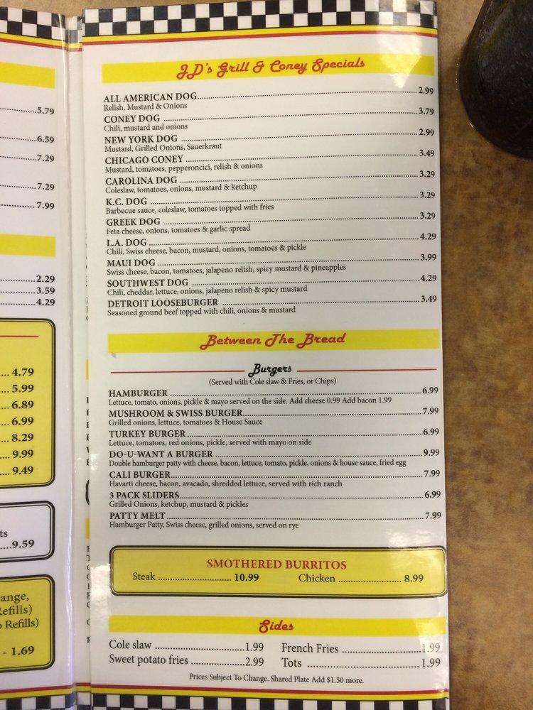 Menu at JT's Corner Diner restaurant, Sebastian