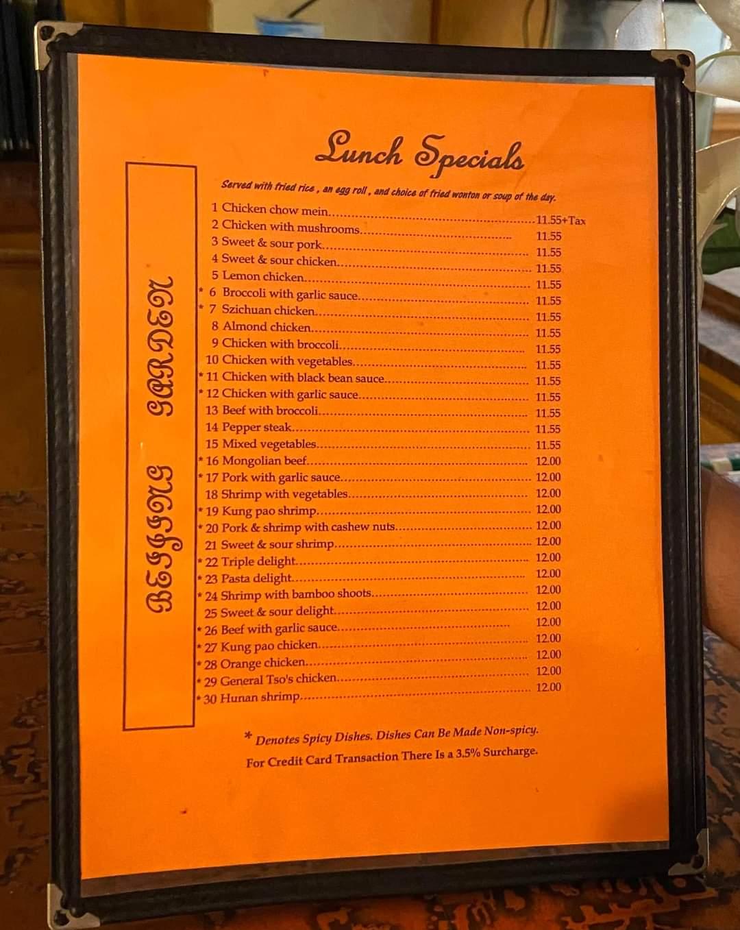 Menu at Beijing Garden restaurant, Victoria
