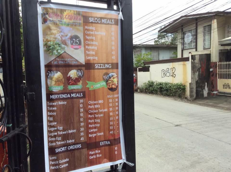 Menu at Benny's Gotohan restaurant, Paombong, Jacinto St