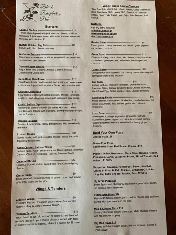 Menu at Black Raspberry Pub, Plymouth