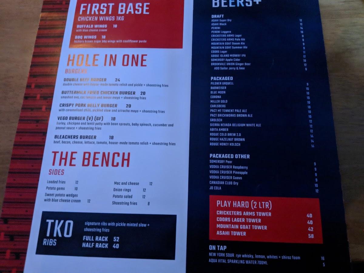 Carta de Bleachers Sports Bar, Canberra