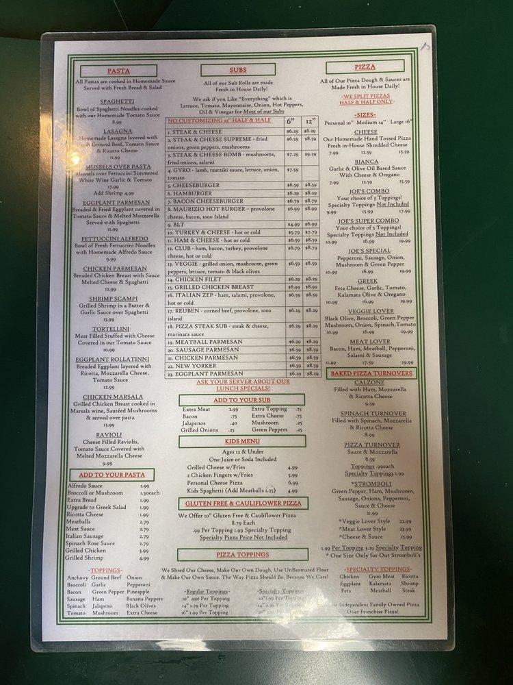Menu at Joe's Pizza pizzeria, Marshall