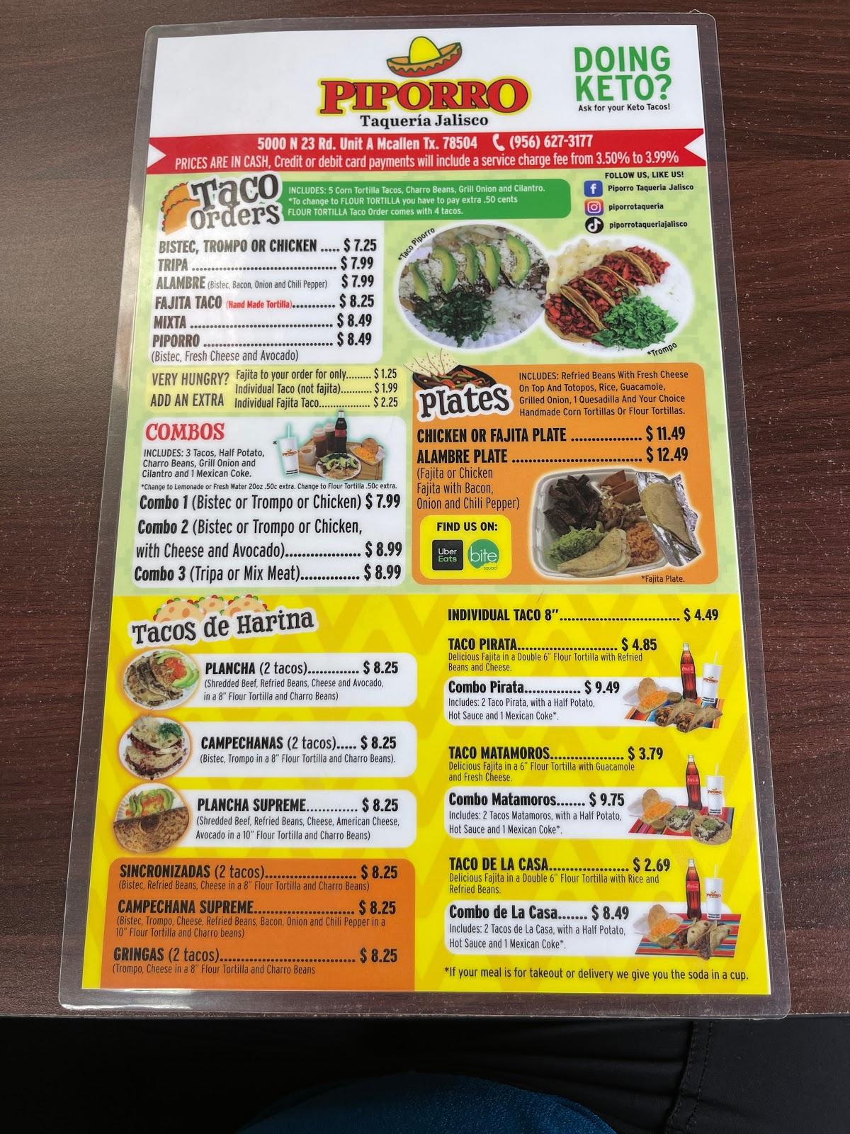 Menu at Piporro Taqueria Jalisco restaurant, McAllen