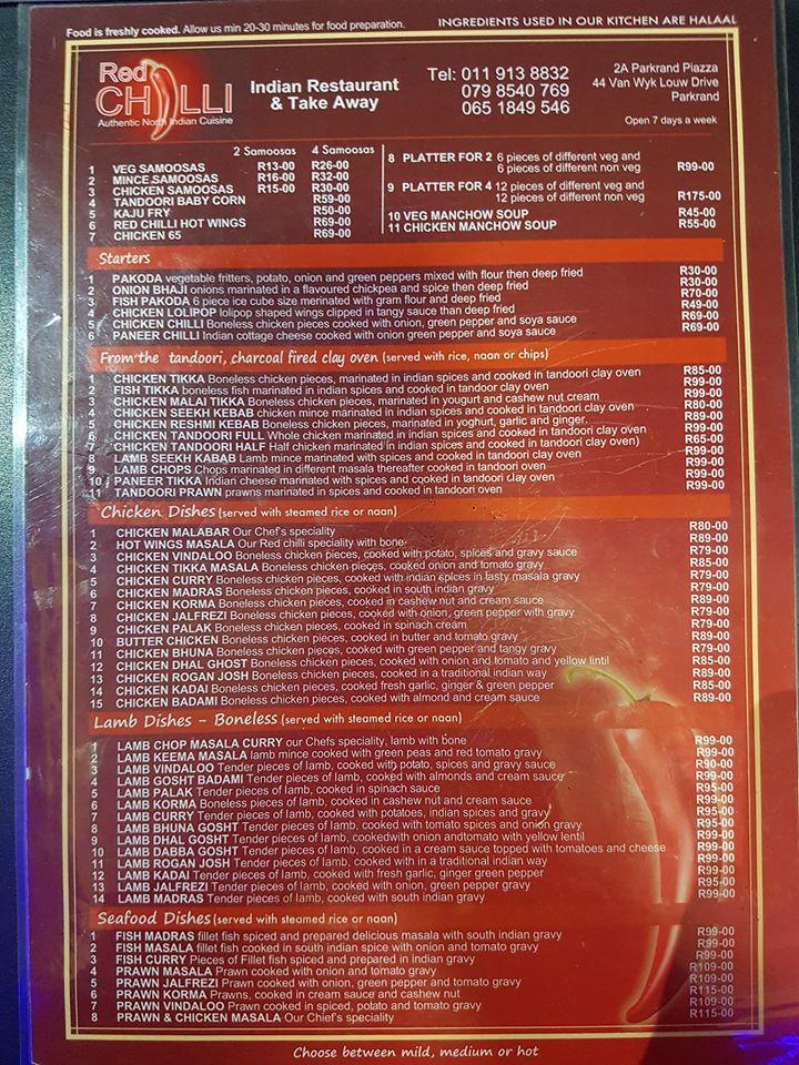 Menu at Red Chilli Indian Restaurant, Boksburg