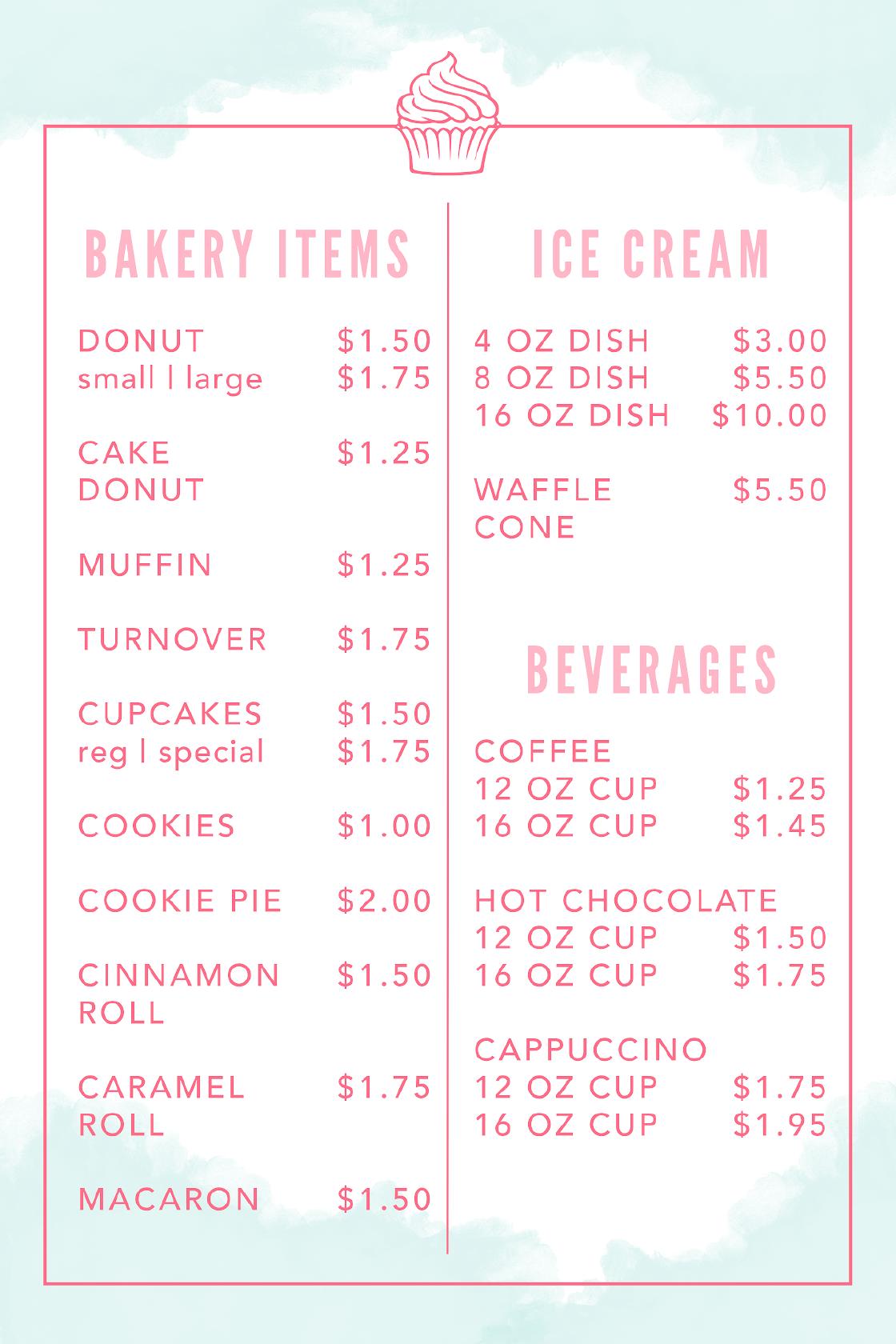 Menu at Sweet B's Bakery & Boutique, Baldwin