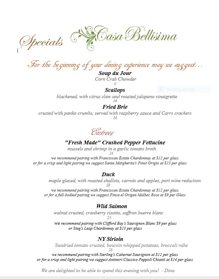 Menu At Casa Bellisima Restaurant Andover Township