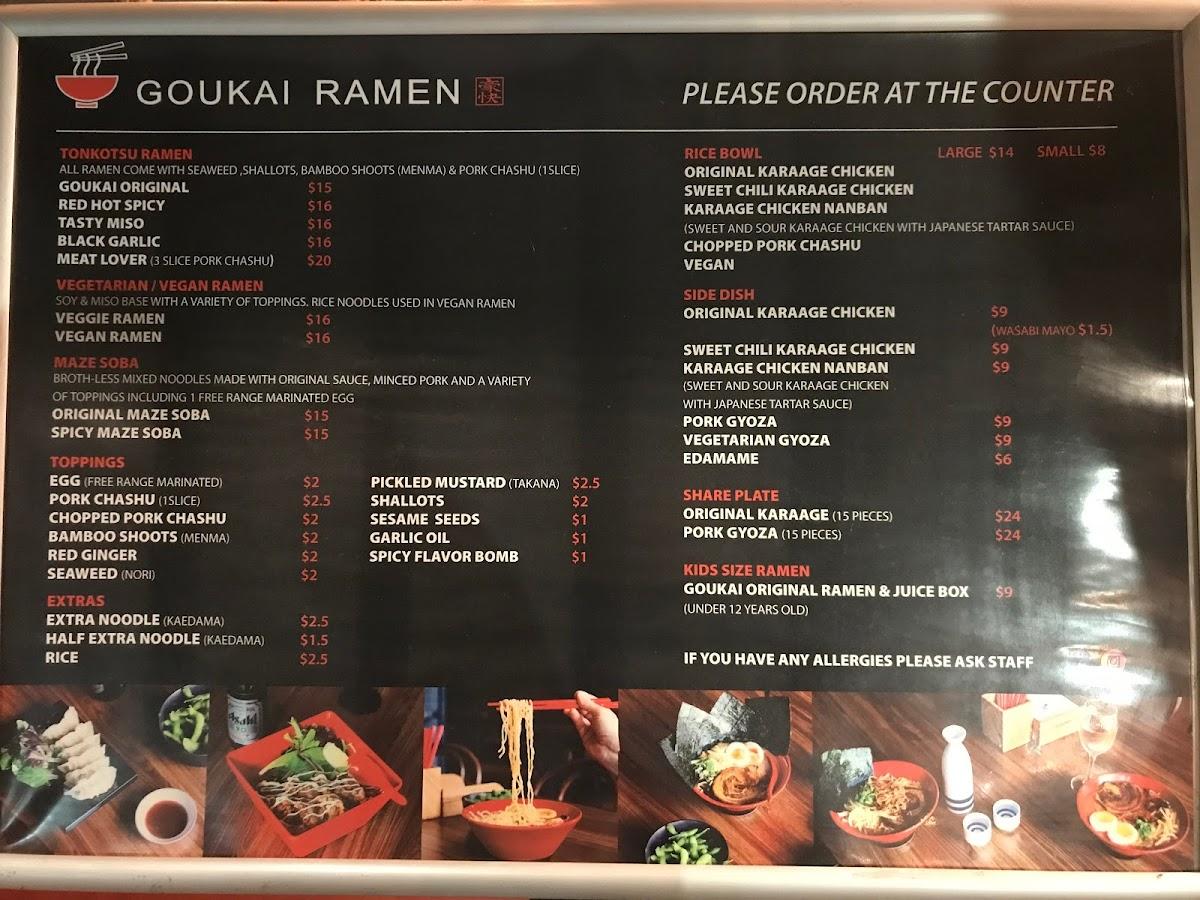 Menu at Goukai Ramen restaurant, Burleigh Heads