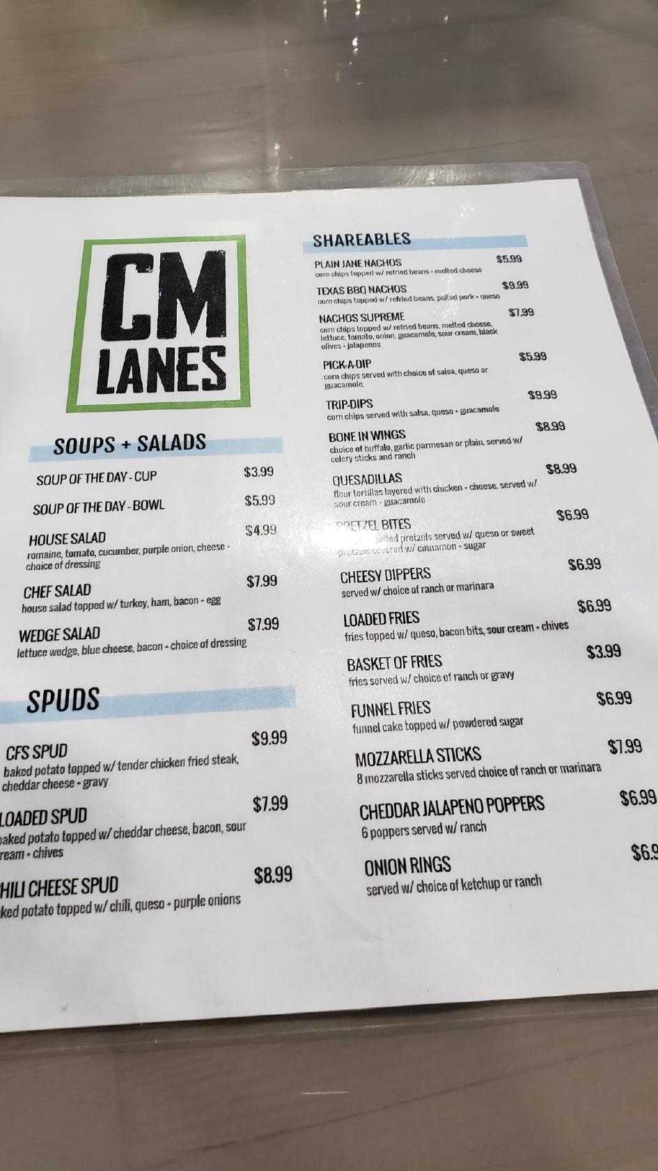 Menu at CM Lanes pizzeria, Aransas Pass