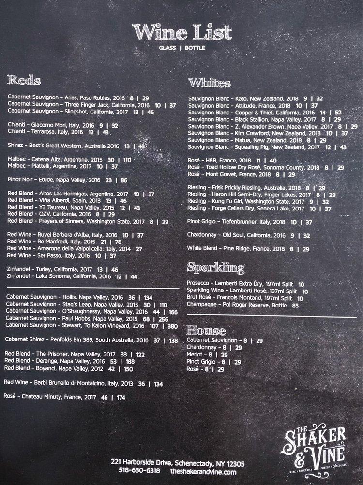 Menu at The Shaker & Vine pub & bar, Schenectady