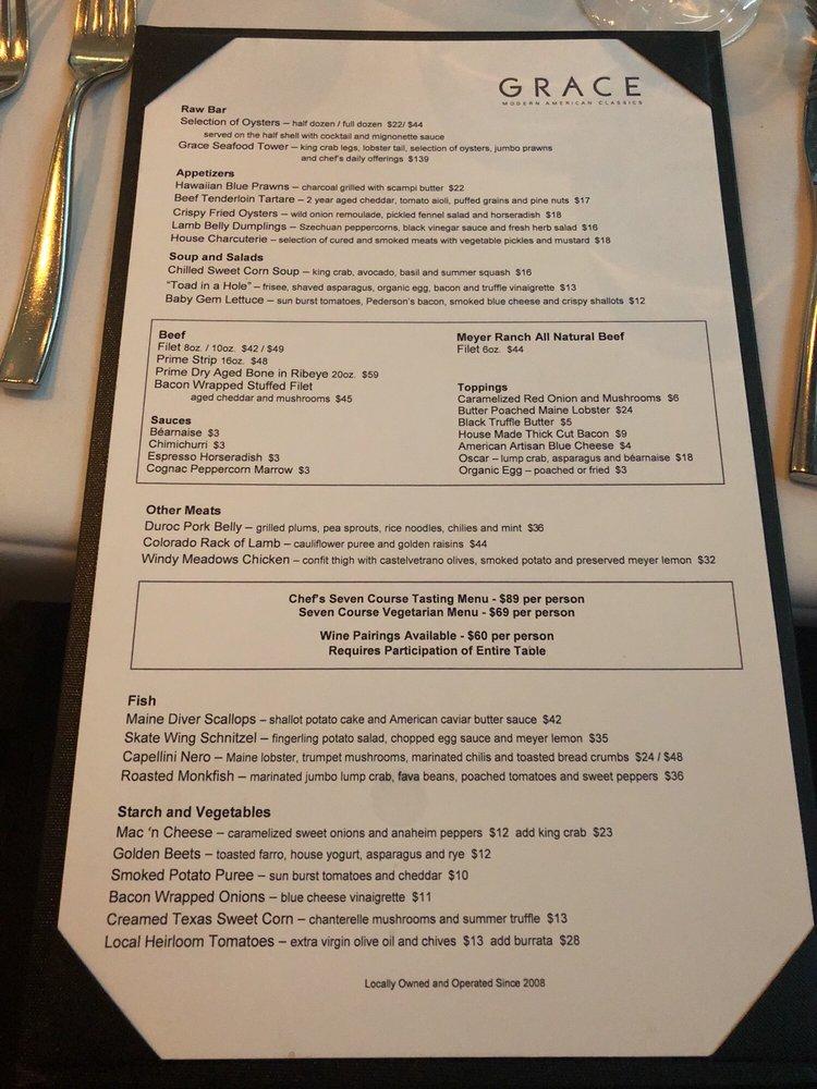 Menu at GRACE restaurant, Fort Worth, 777 Main St