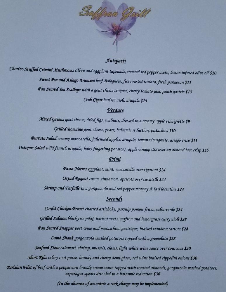Menu at Saffron Restaurant, Lewisburg