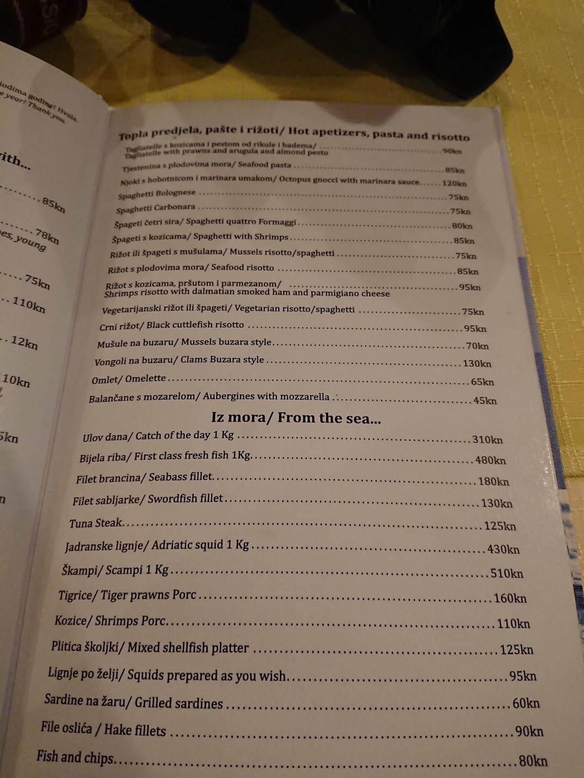 Menu at Bistro Glorijet restaurant, Dubrovnik