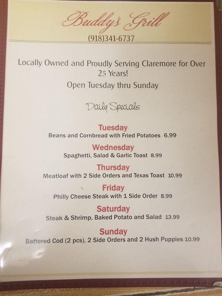 Menu at Buddy's Grill restaurant, Claremore